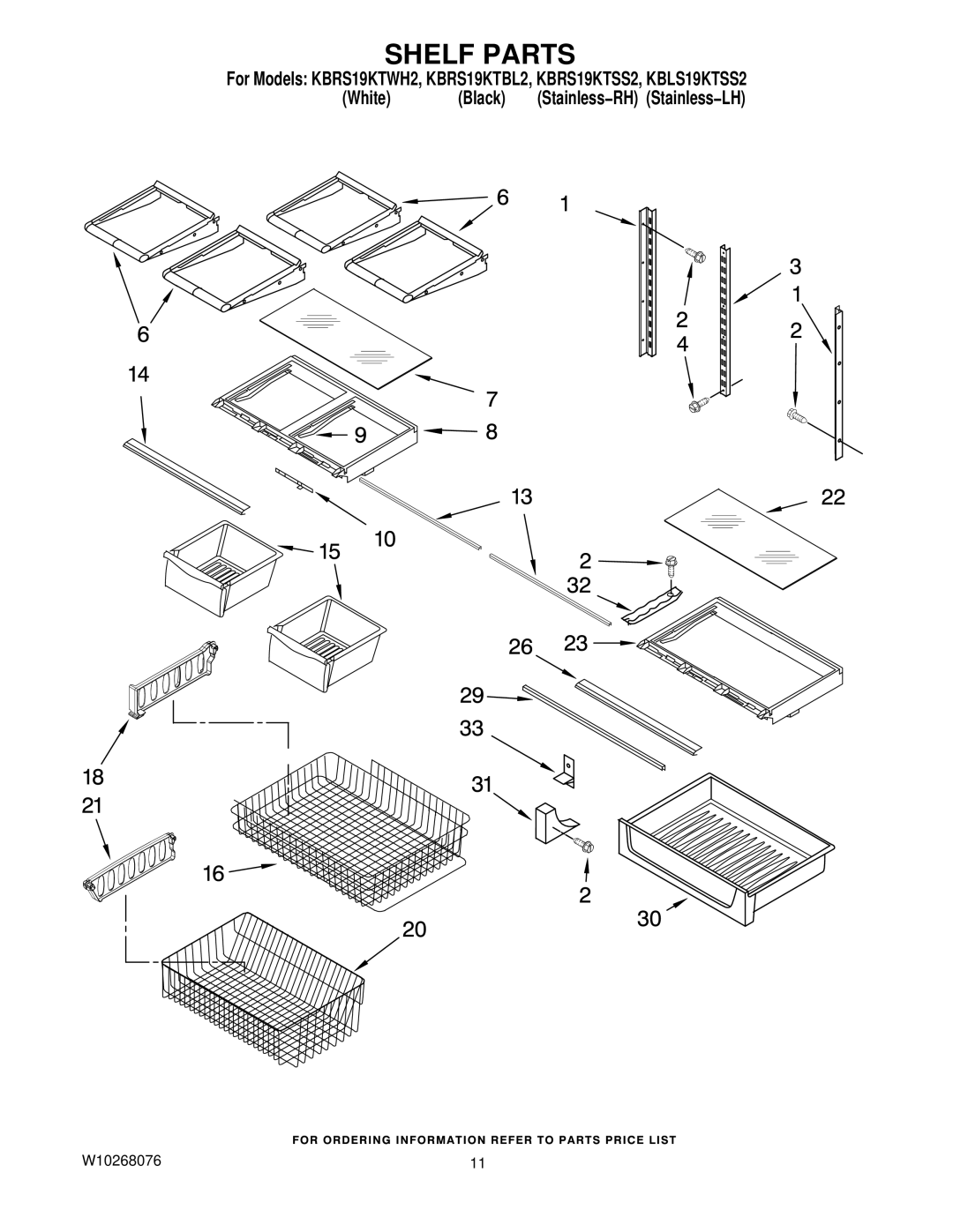 KitchenAid KBRS19KTWH2, KBRS19KTBL2, KBLS19KTSS2, KBRS19KTSS2 manual Shelf Parts 