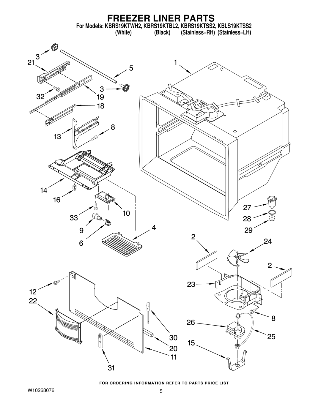 KitchenAid KBLS19KTSS2, KBRS19KTBL2, KBRS19KTSS2, KBRS19KTWH2 manual Freezer Liner Parts 