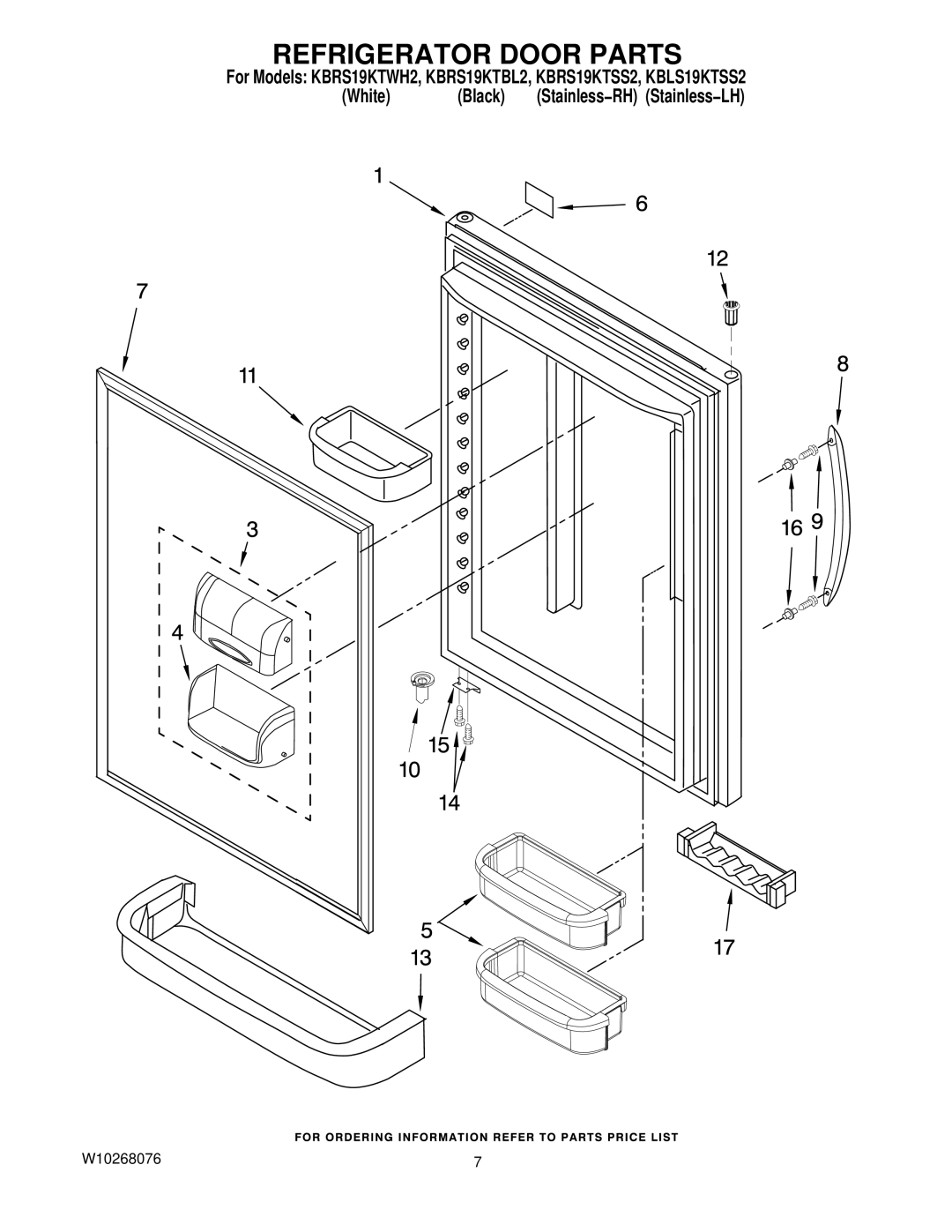 KitchenAid KBRS19KTWH2, KBRS19KTBL2, KBLS19KTSS2, KBRS19KTSS2 manual Refrigerator Door Parts 