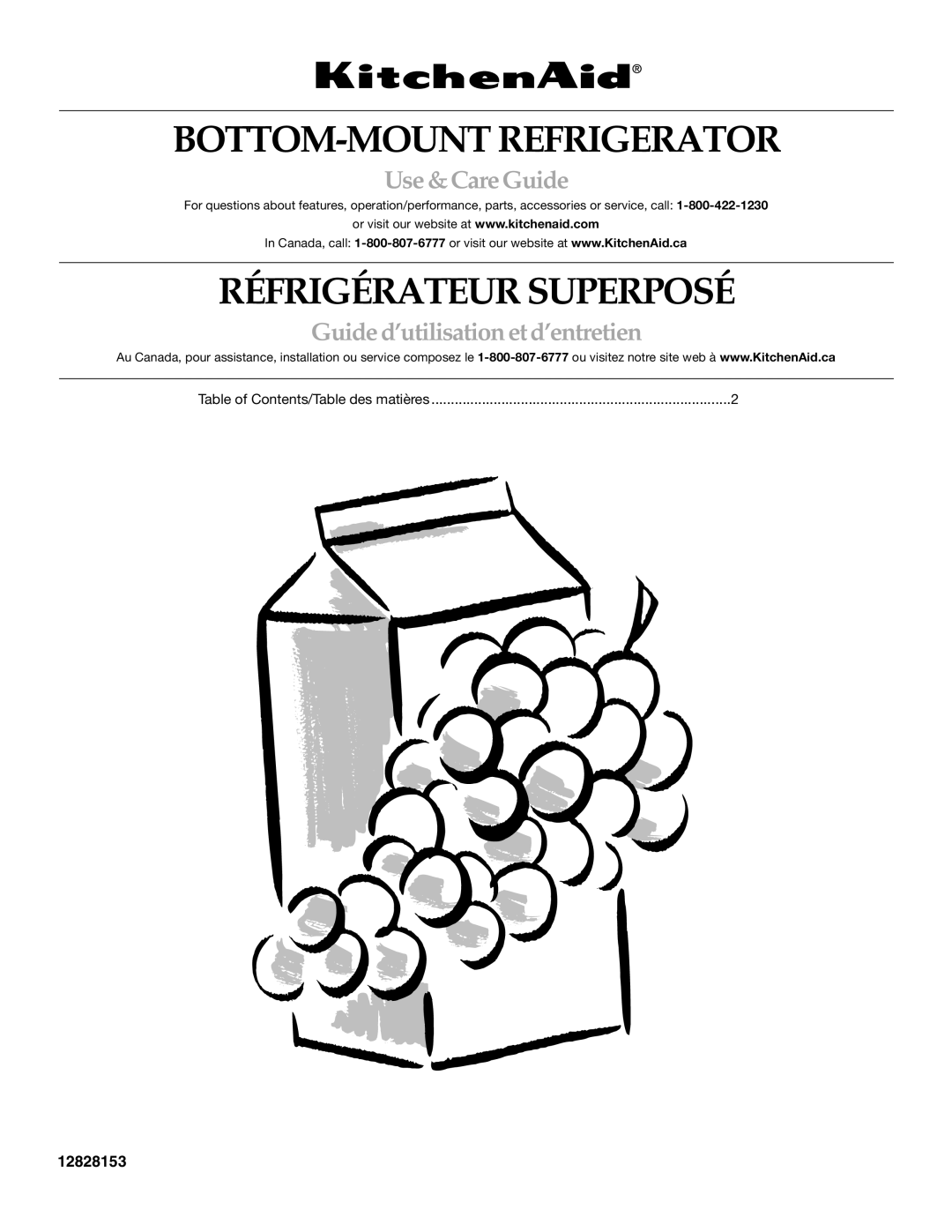 KitchenAid KBRS20ETBL manual BOTTOM-MOUNT Refrigerator 