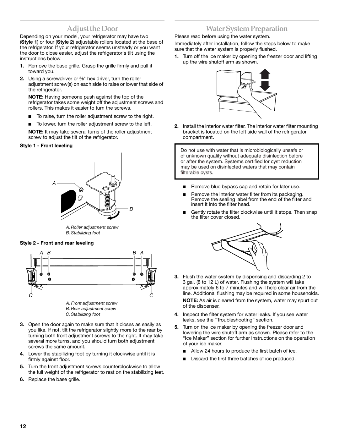 KitchenAid KBRS20ETBL Adjust the Door, Water System Preparation, Style 1 Front leveling, Style 2 Front and rear leveling 