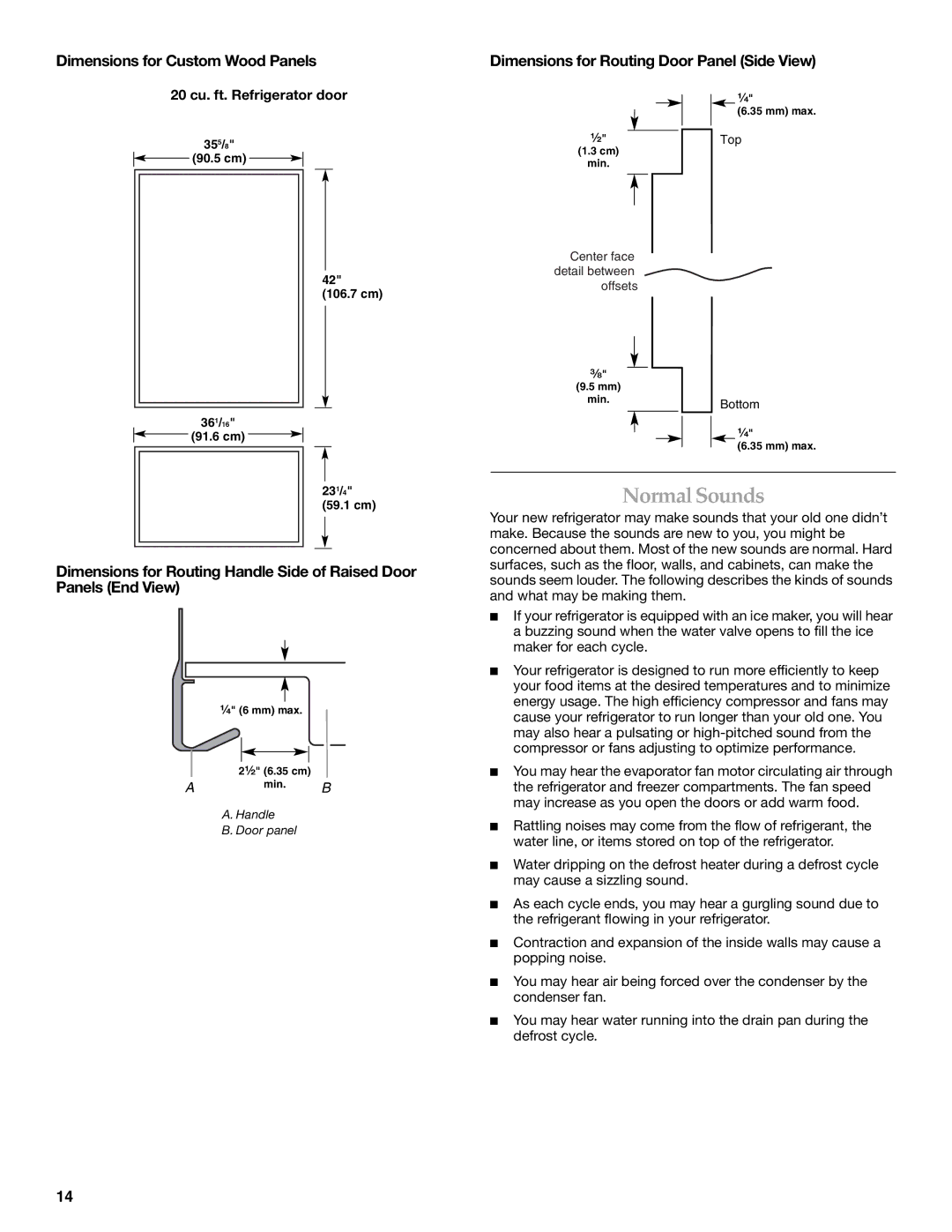 KitchenAid KBRS20ETBL manual Normal Sounds, Dimensions for Custom Wood Panels, Dimensions for Routing Door Panel Side View 