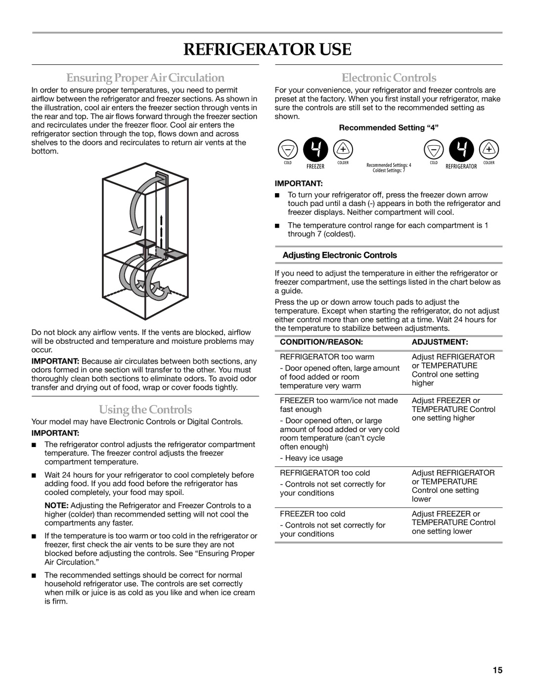 KitchenAid KBRS20ETBL manual Refrigerator USE, Ensuring Proper Air Circulation, Using the Controls, Electronic Controls 