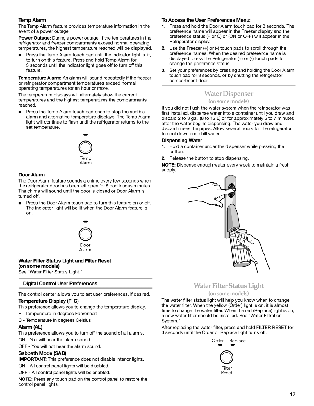 KitchenAid KBRS20ETBL manual Water Dispenser, Water Filter Status Light 