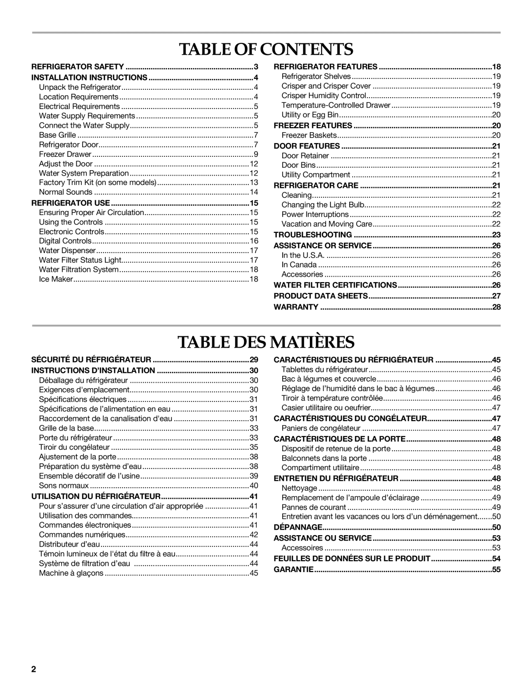 KitchenAid KBRS20ETBL manual Table of Contents, Table DES Matières 