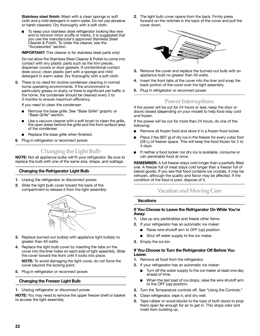 KitchenAid KBRS20ETBL manual Changing the Light Bulb, Power Interruptions, Vacation and Moving Care 