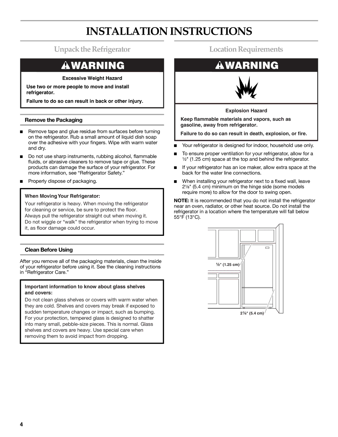 KitchenAid KBRS20ETBL Installation Instructions, Unpack the Refrigerator, Location Requirements, Remove the Packaging 