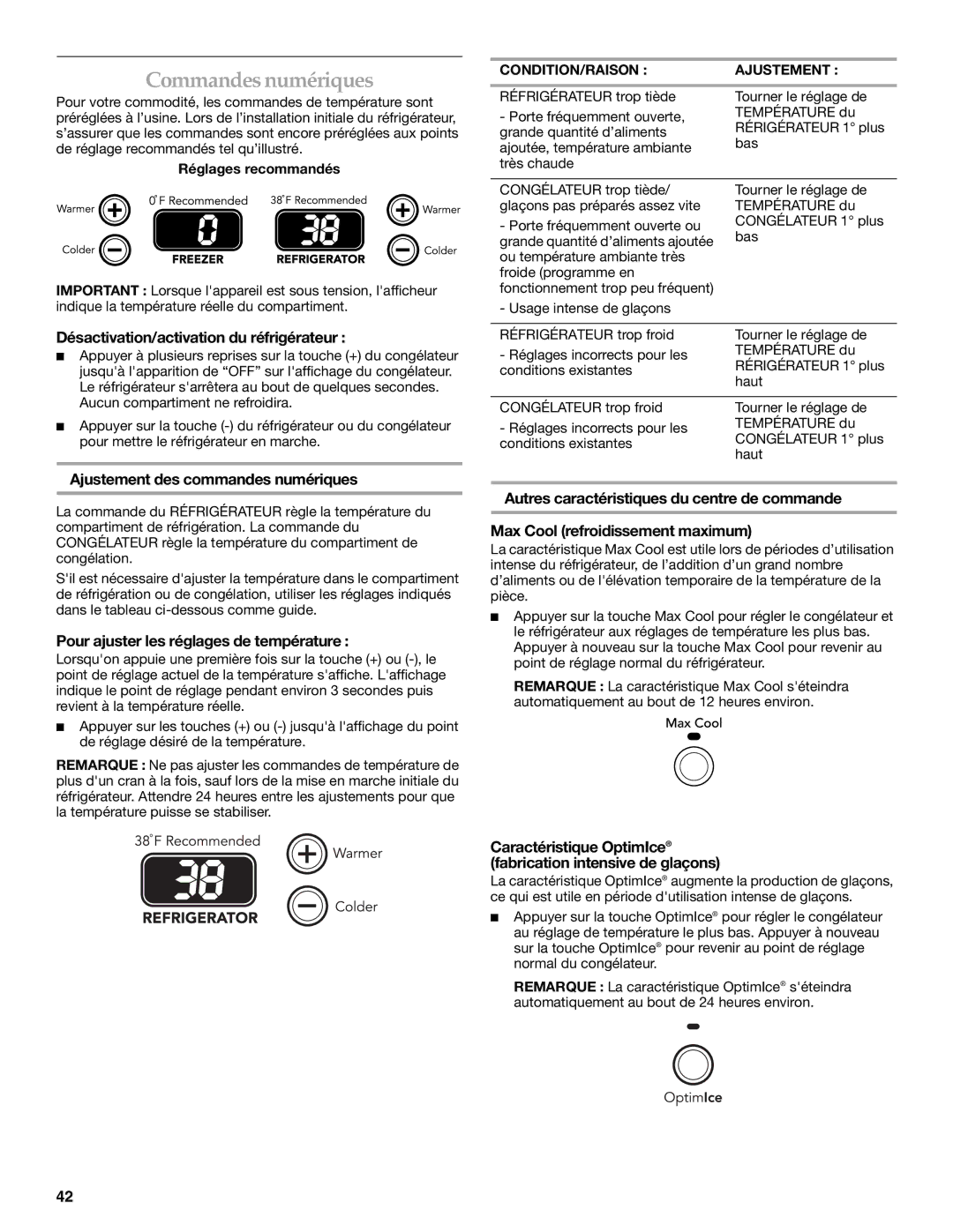 KitchenAid KBRS20ETBL Commandes numériques, Désactivation/activation du réfrigérateur, Ajustement des commandes numériques 