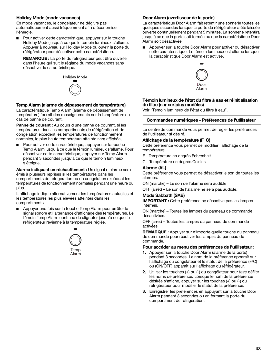 KitchenAid KBRS20ETBL manual Holiday Mode mode vacances, Door Alarm avertisseur de la porte, Affichage de la température FC 