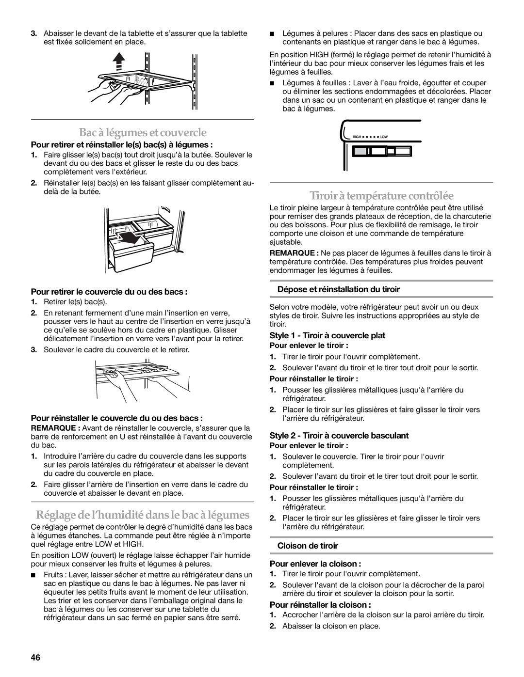 KitchenAid KBRS20ETBL manual Bac à légumes et couvercle, Tiroir à température contrôlée 