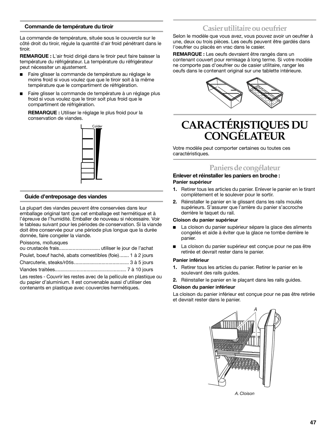 KitchenAid KBRS20ETBL manual Caractéristiques DU Congélateur, Casier utilitaire ou oeufrier, Paniers de congélateur 