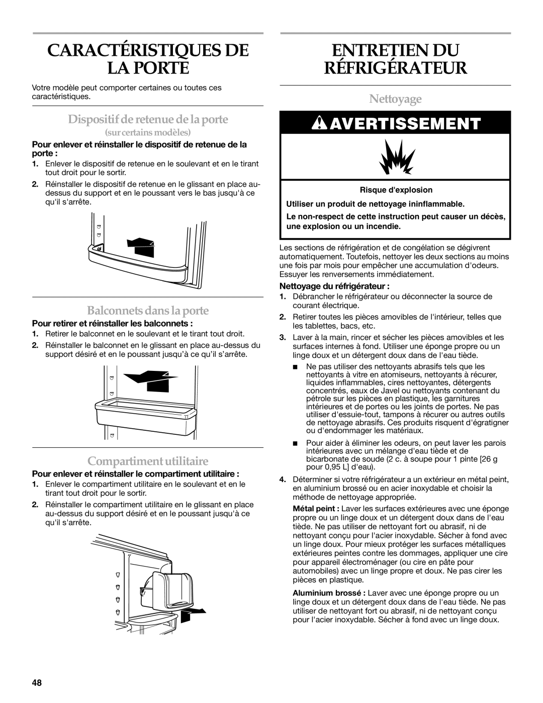 KitchenAid KBRS20ETBL manual Caractéristiques DE LA Porte, Entretien DU Réfrigérateur 