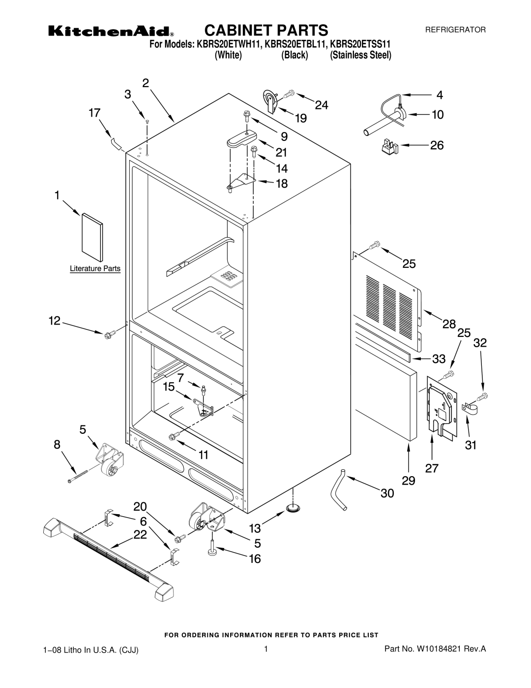 KitchenAid KBRS20ETSS11, KBRS20ETWH11, KBRS20ETBL11 manual Cabinet Parts 