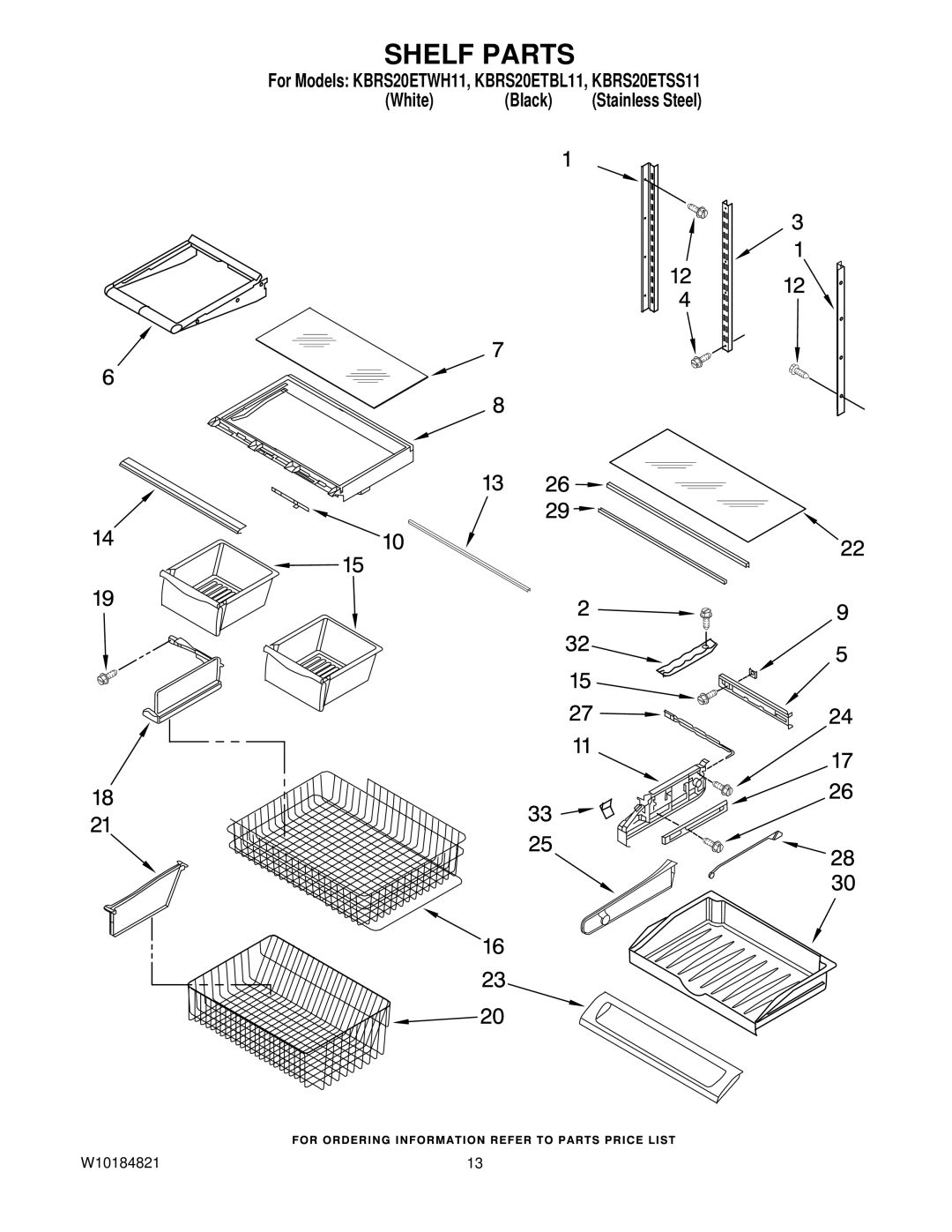 KitchenAid KBRS20ETSS11, KBRS20ETWH11, KBRS20ETBL11 manual Shelf Parts 