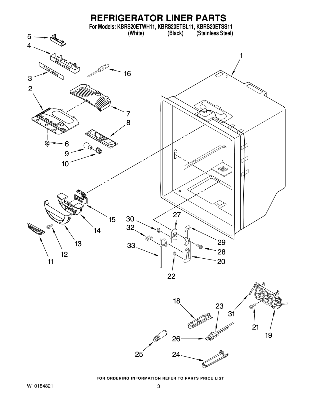 KitchenAid KBRS20ETWH11, KBRS20ETSS11, KBRS20ETBL11 manual Refrigerator Liner Parts 