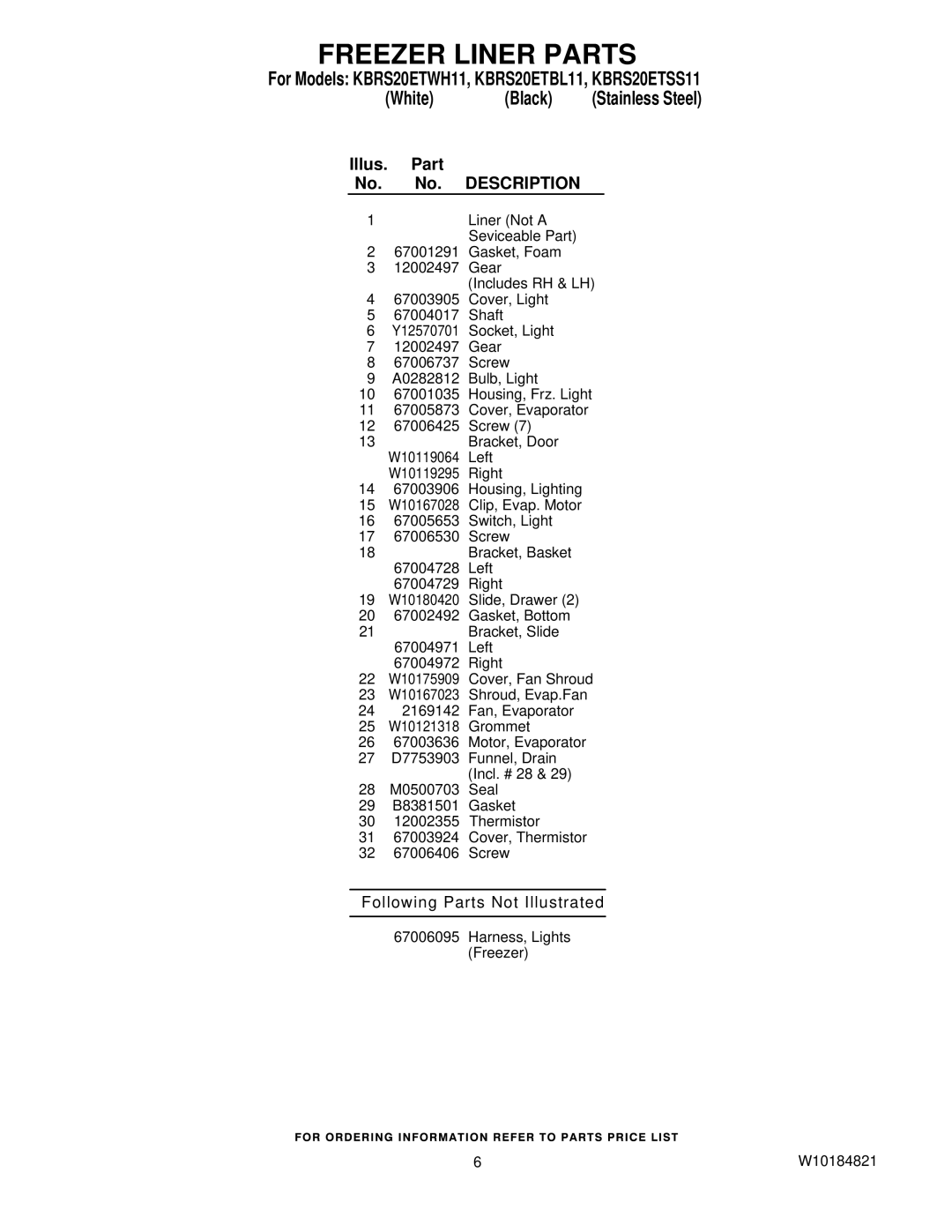 KitchenAid KBRS20ETWH11, KBRS20ETSS11, KBRS20ETBL11 manual Illus Part 