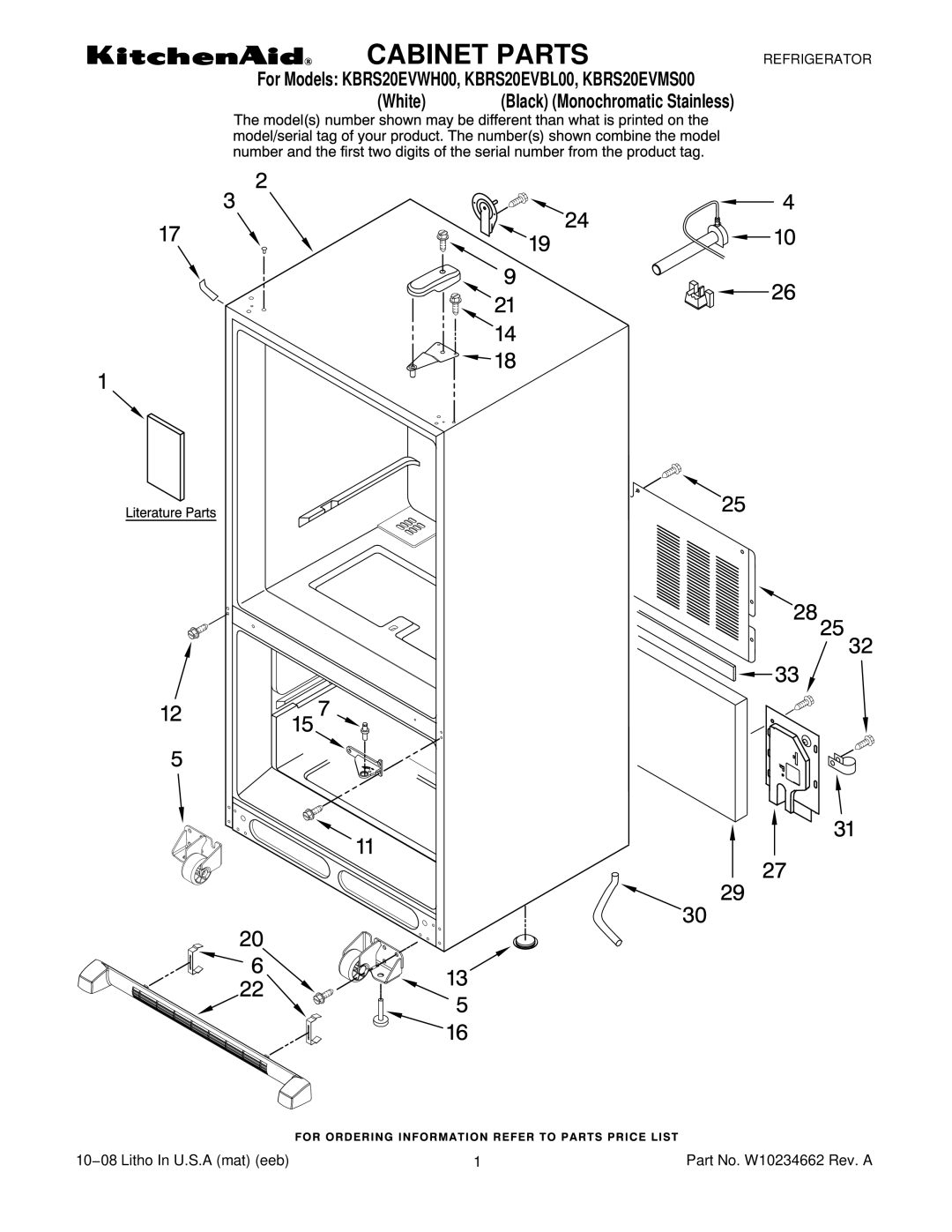 KitchenAid KBRS20EVWH00, KBRS20EVBL00, KBRS20EVMS00 manual Cabinet Parts 