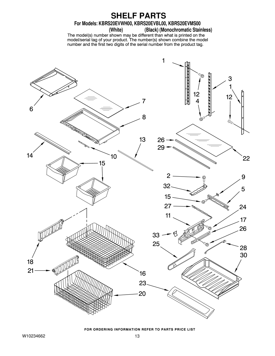 KitchenAid KBRS20EVWH00, KBRS20EVBL00, KBRS20EVMS00 manual Shelf Parts 