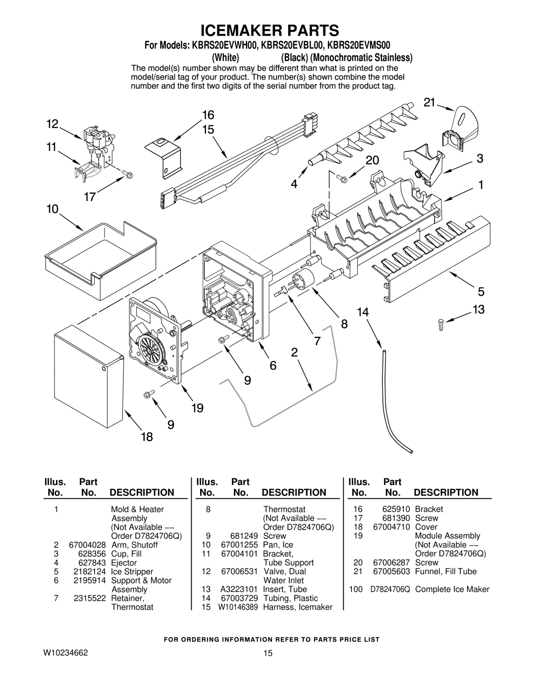 KitchenAid KBRS20EVBL00, KBRS20EVWH00, KBRS20EVMS00 manual Icemaker Parts 