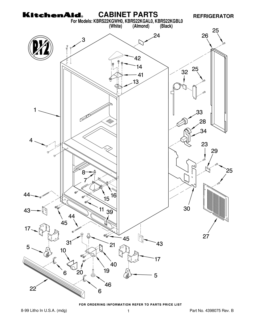 KitchenAid KBRS22KGWH0, KBRS22KGAL0, KBRS22KGBL0 manual Cabinet Parts 