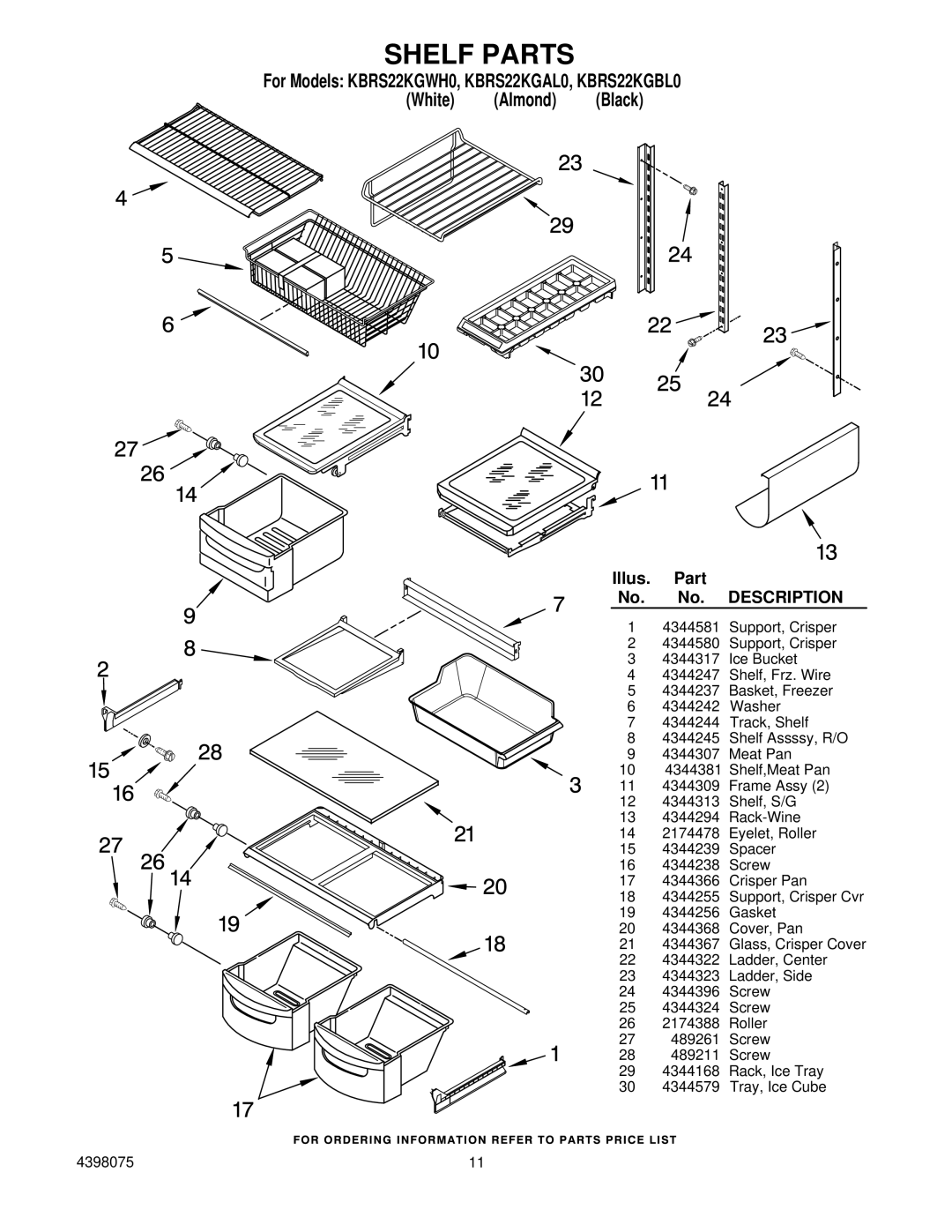 KitchenAid KBRS22KGBL0, KBRS22KGAL0, KBRS22KGWH0 manual Shelf Parts 