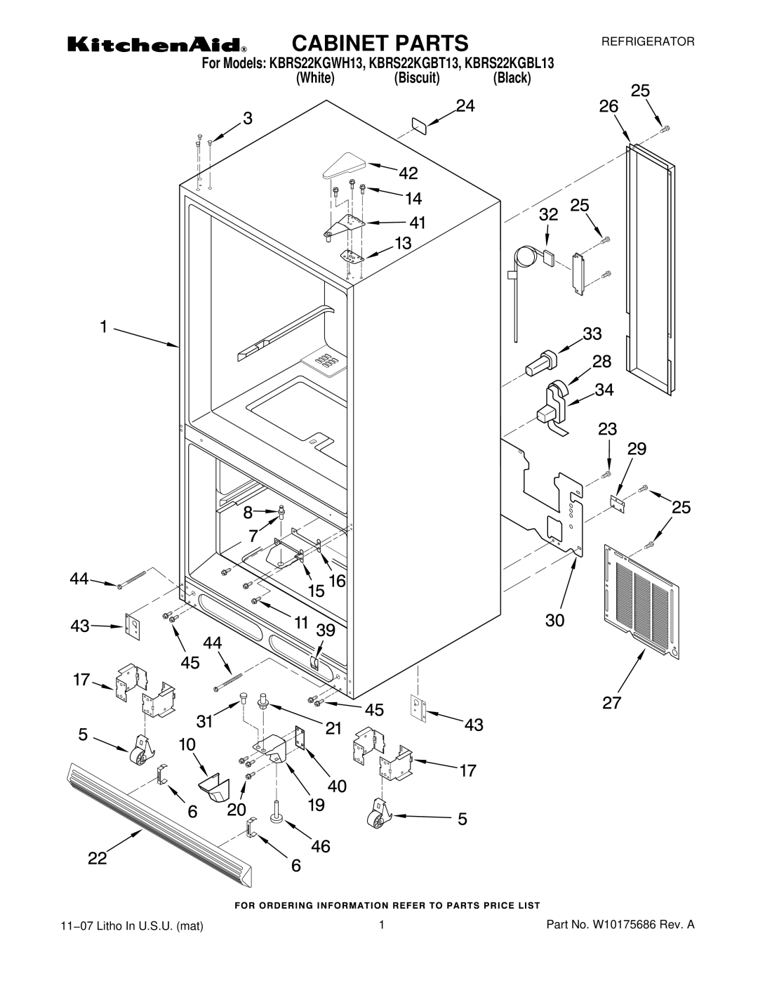 KitchenAid KBRS22KGWH13, KBRS22KGBL13, KBRS22KGBT13 manual Cabinet Parts 