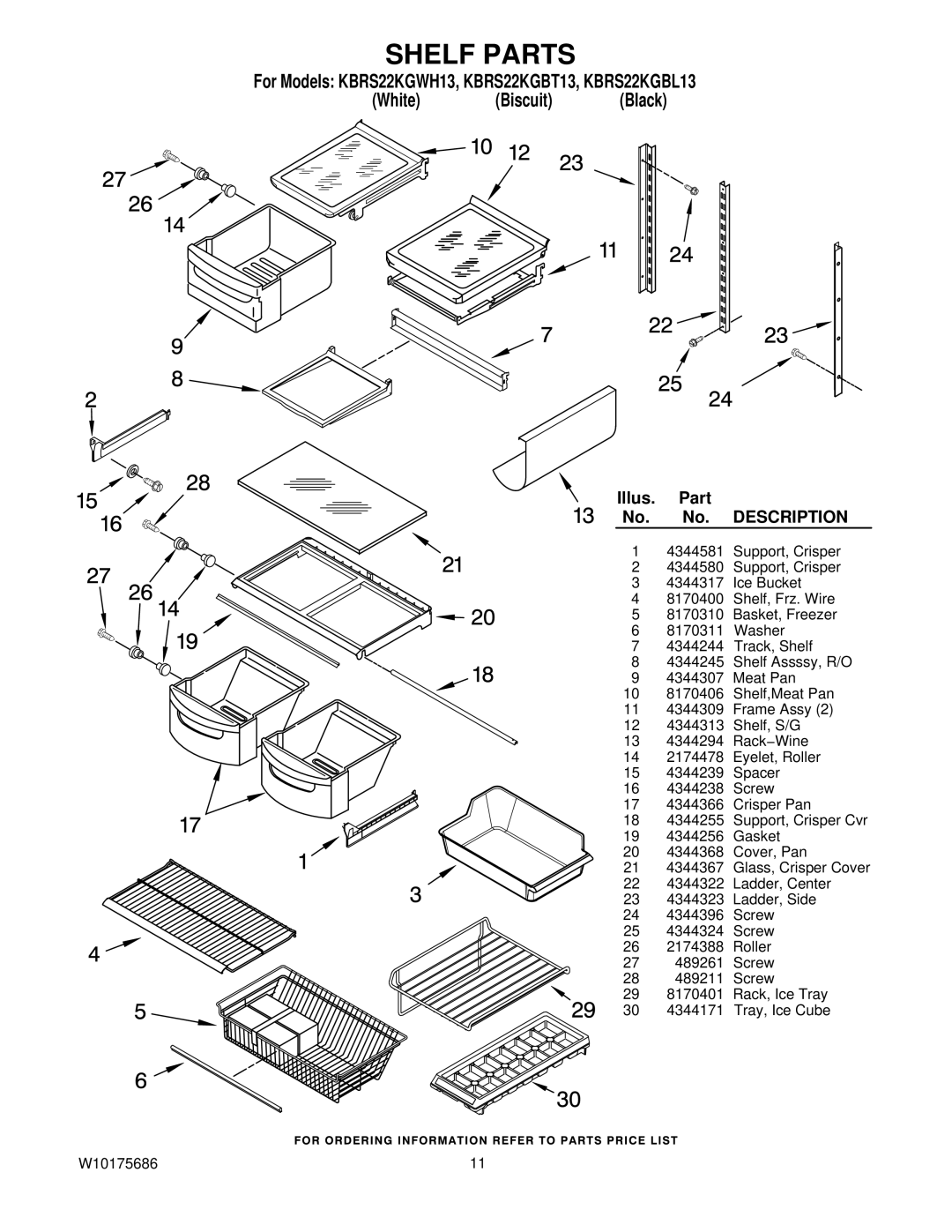 KitchenAid KBRS22KGBT13, KBRS22KGBL13, KBRS22KGWH13 manual Shelf Parts 