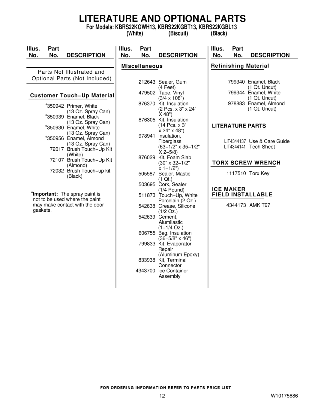 KitchenAid KBRS22KGBL13, KBRS22KGWH13, KBRS22KGBT13 manual Literature and Optional Parts, Customer Touch−Up Material 