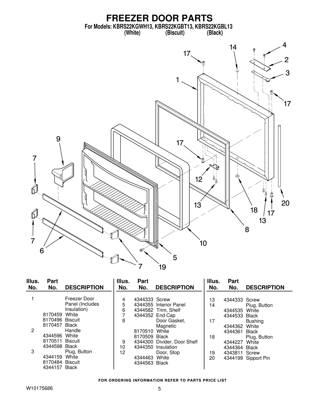 KitchenAid KBRS22KGBT13, KBRS22KGBL13, KBRS22KGWH13 manual Freezer Door Parts 