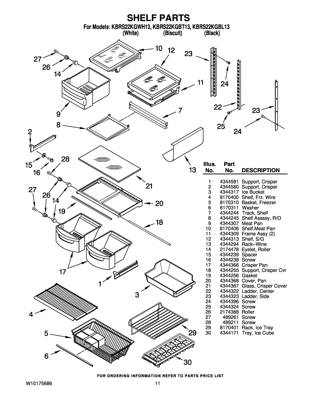 KitchenAid Shelf Parts, For Models KBRS22KGWH13, KBRS22KGBT13, KBRS22KGBL13, White Biscuit Black, Illus, Description 