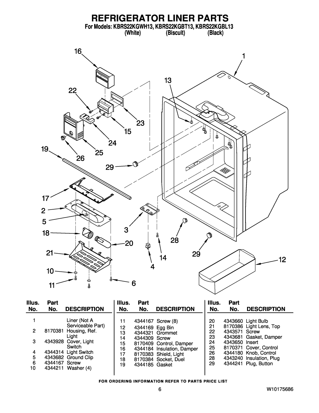 KitchenAid manual Refrigerator Liner Parts, For Models KBRS22KGWH13, KBRS22KGBT13, KBRS22KGBL13, White Biscuit Black 