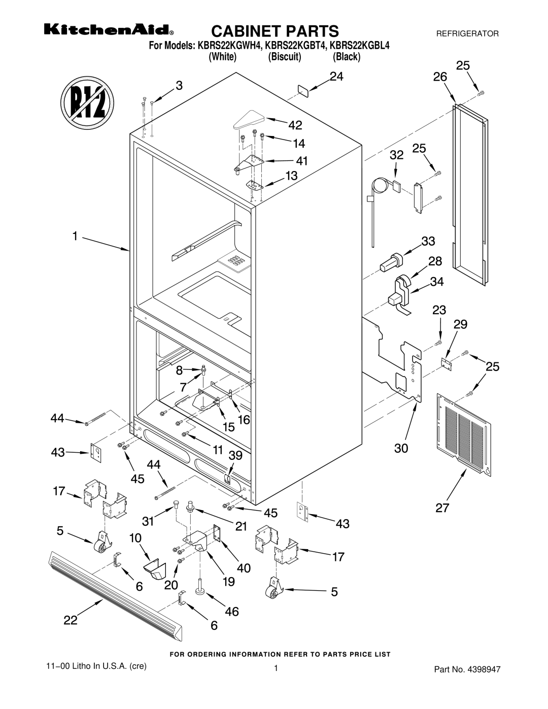 KitchenAid KBRS22KGBT4, KBRS22KGWH4, KBRS22KGBL4 manual Cabinet Parts 