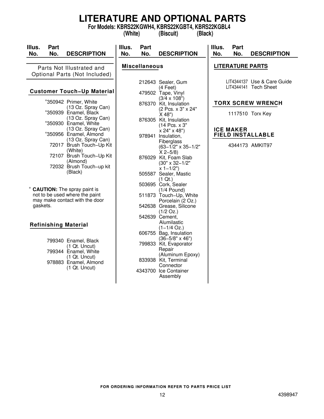 KitchenAid KBRS22KGWH4, KBRS22KGBT4, KBRS22KGBL4 manual Literature and Optional Parts, Customer Touch−Up Material 