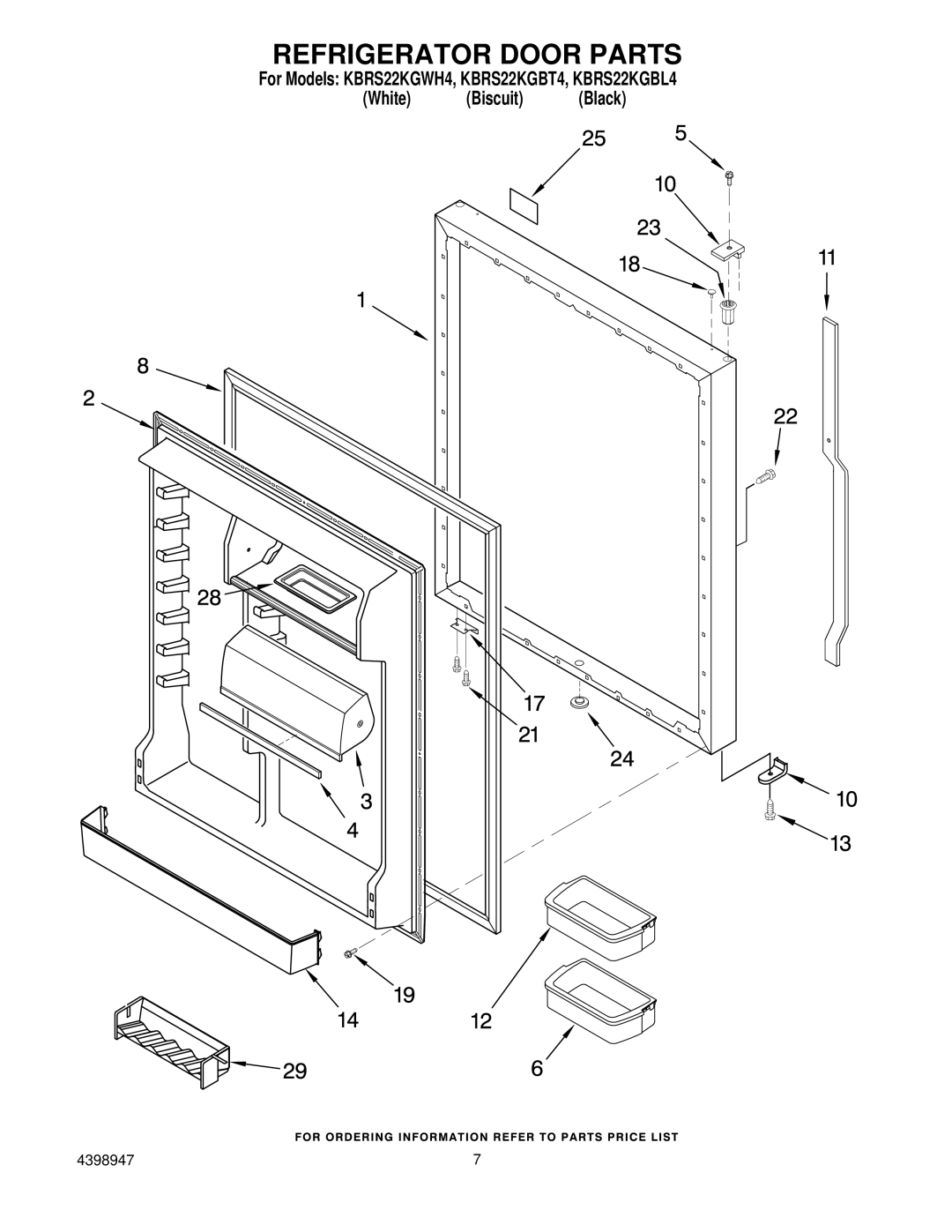 KitchenAid KBRS22KGBT4, KBRS22KGWH4, KBRS22KGBL4 manual Refrigerator Door Parts 