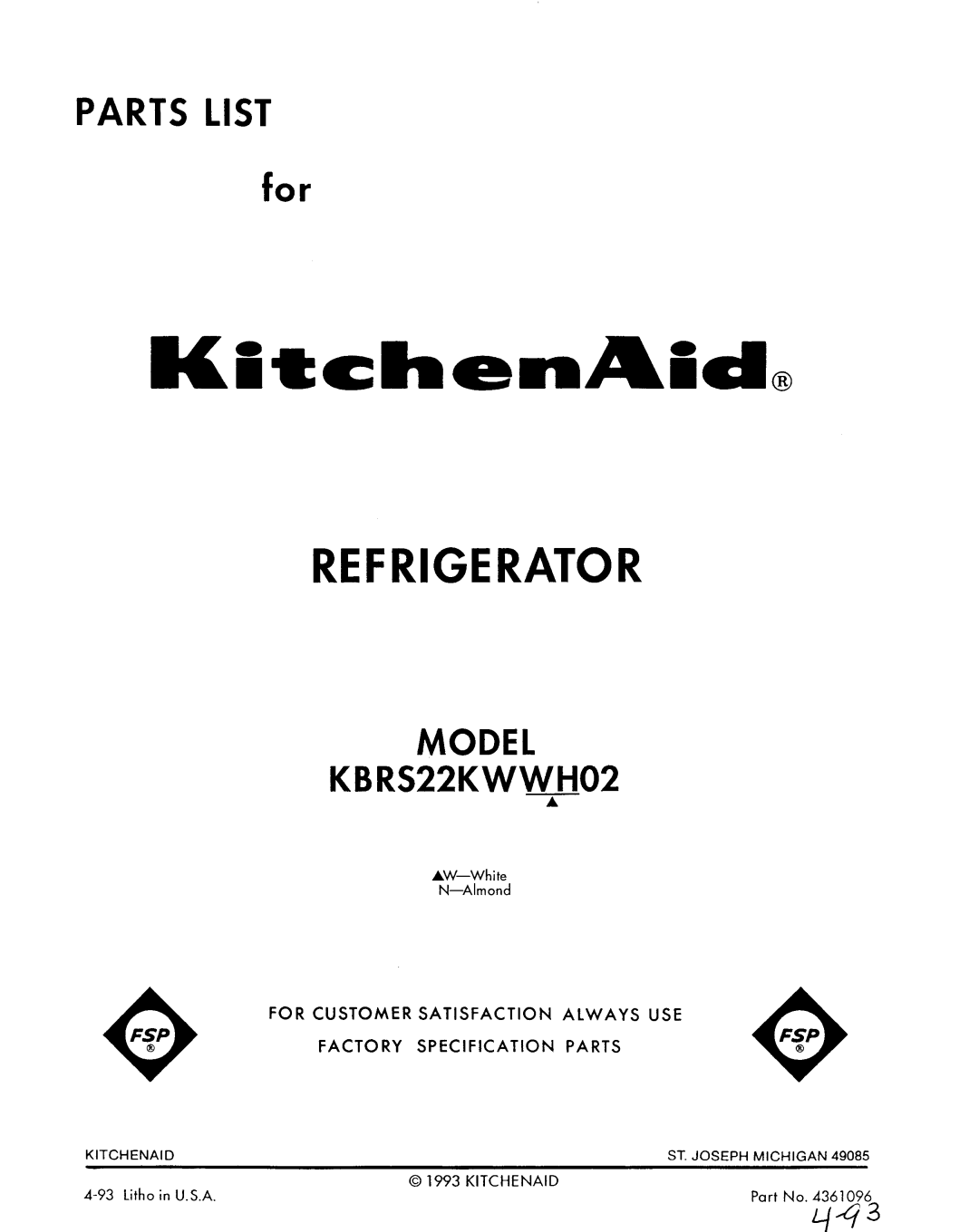 KitchenAid KBRS22KWWH02 manual 