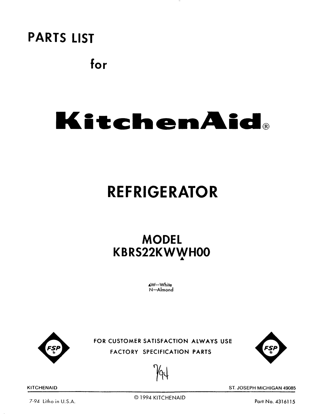 KitchenAid KBRS22KWWHOO manual 