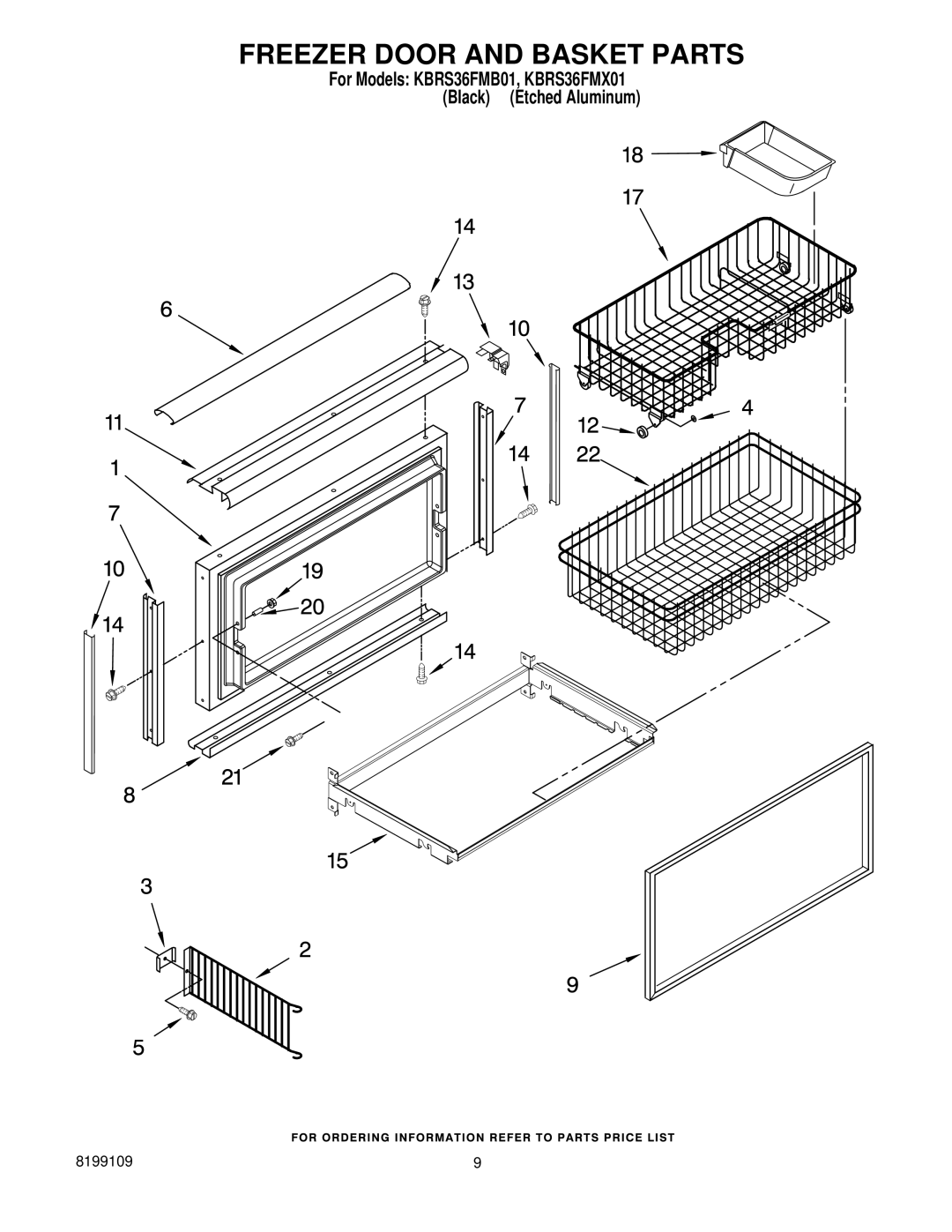 KitchenAid KBRS36FMX01, KBRS36FMB01 manual Freezer Door and Basket Parts 