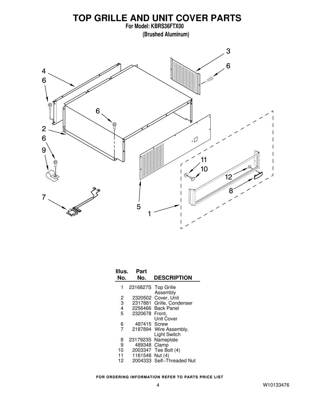 KitchenAid KBRS36FTX00 manual TOP Grille and Unit Cover Parts 