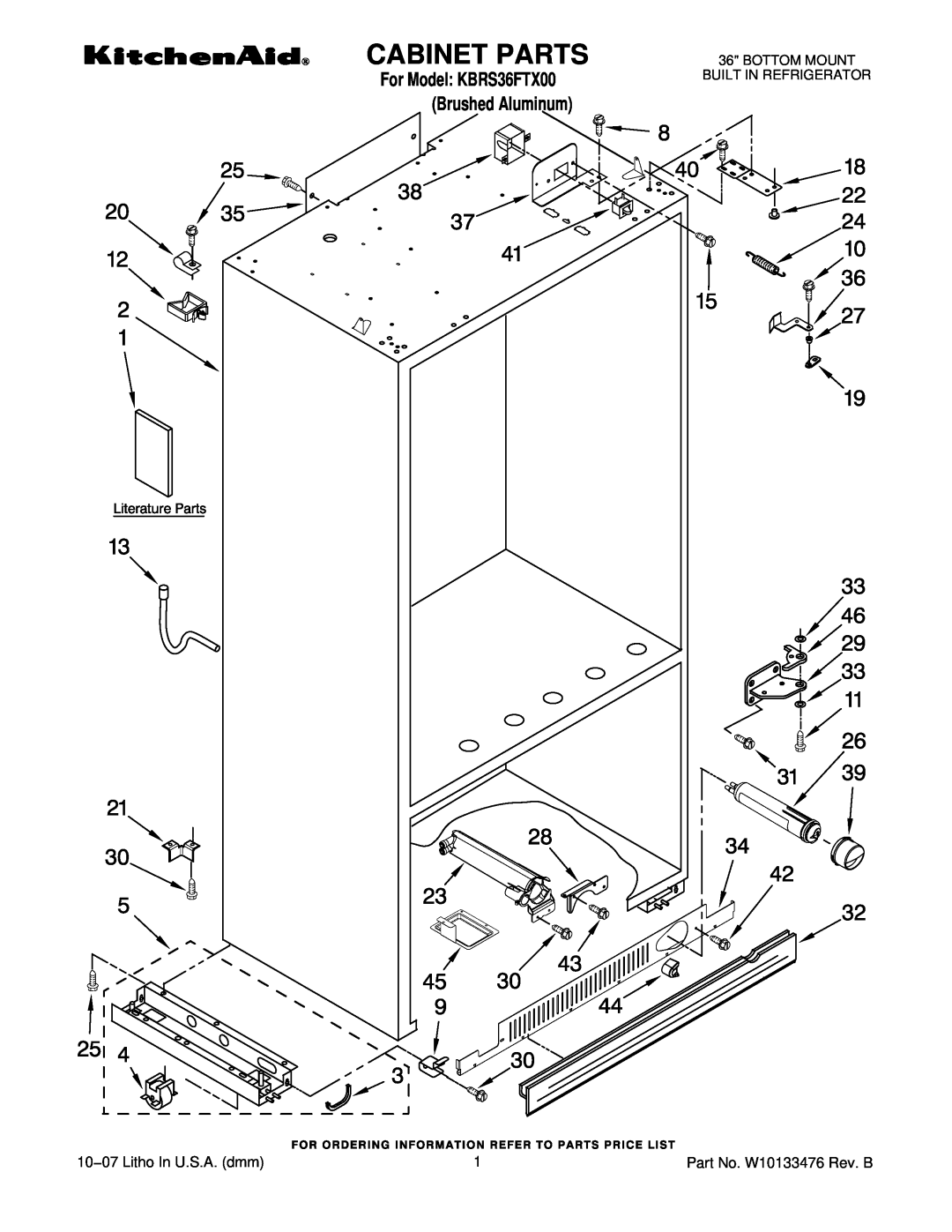 KitchenAid manual Cabinet Parts, 10−07 Litho In U.S.A. dmm, For Model KBRS36FTX00 Brushed Aluminum 