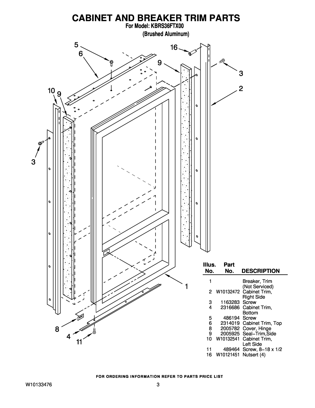 KitchenAid manual Cabinet And Breaker Trim Parts, For Model KBRS36FTX00 Brushed Aluminum, Illus, Description 
