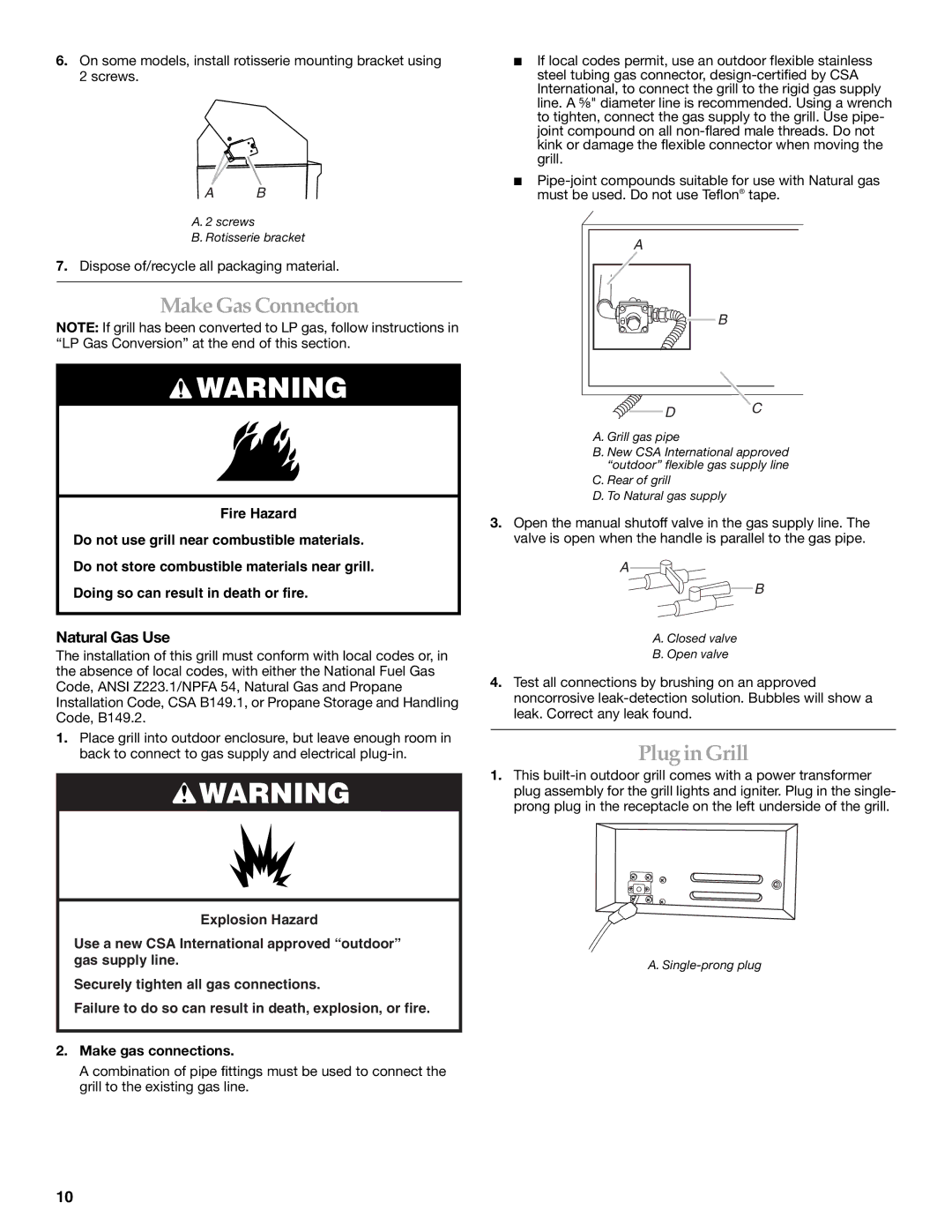 KitchenAid KBSS271T installation instructions Make Gas Connection, Plug in Grill, Natural Gas Use 