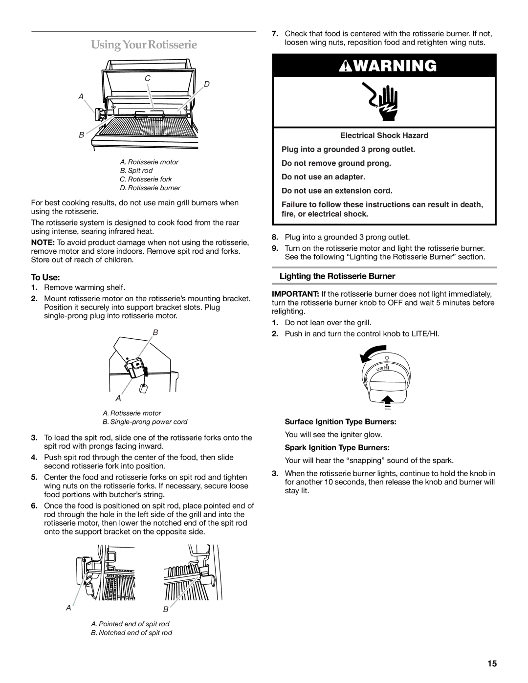 KitchenAid KBSS271T installation instructions UsingYourRotisserie, To Use, Lighting the Rotisserie Burner 