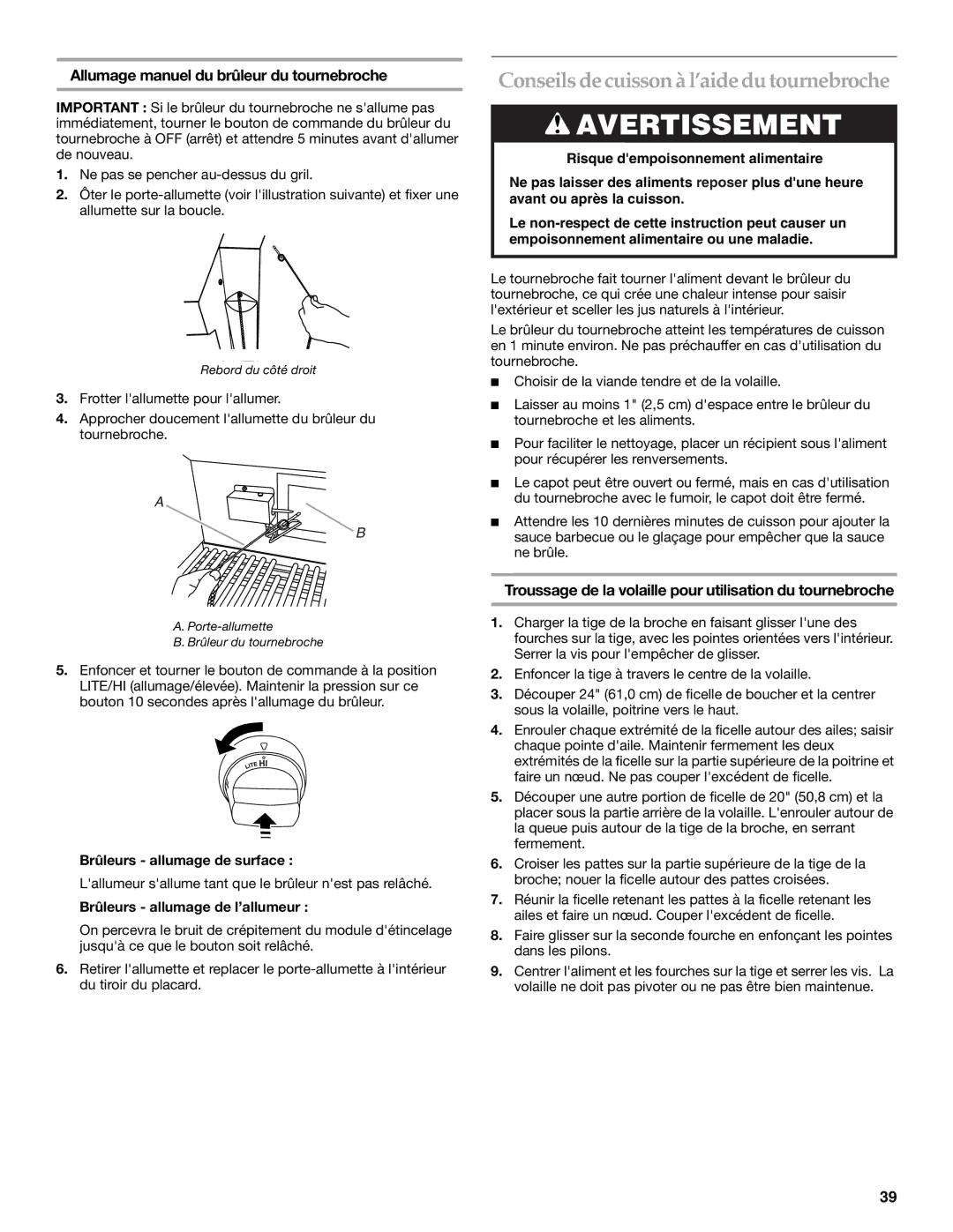 KitchenAid KBSS271T Conseils de cuisson à l’aide du tournebroche, Allumage manuel du brûleur du tournebroche 