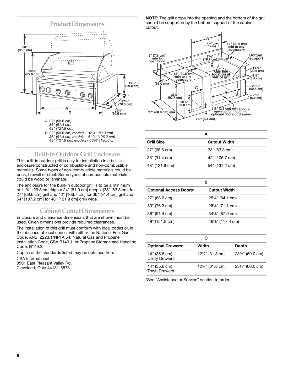 KitchenAid KBSS271T Product Dimensions, Built-In Outdoor Grill Enclosure, Cabinet CutoutDimensions 