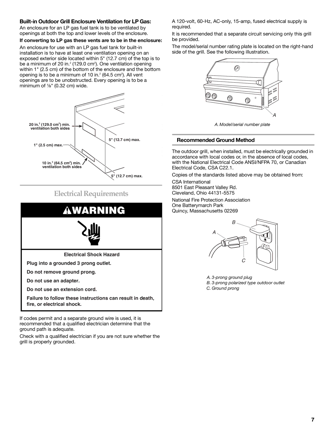 KitchenAid KBSS271T Electrical Requirements, Built-in Outdoor Grill Enclosure Ventilation for LP Gas 