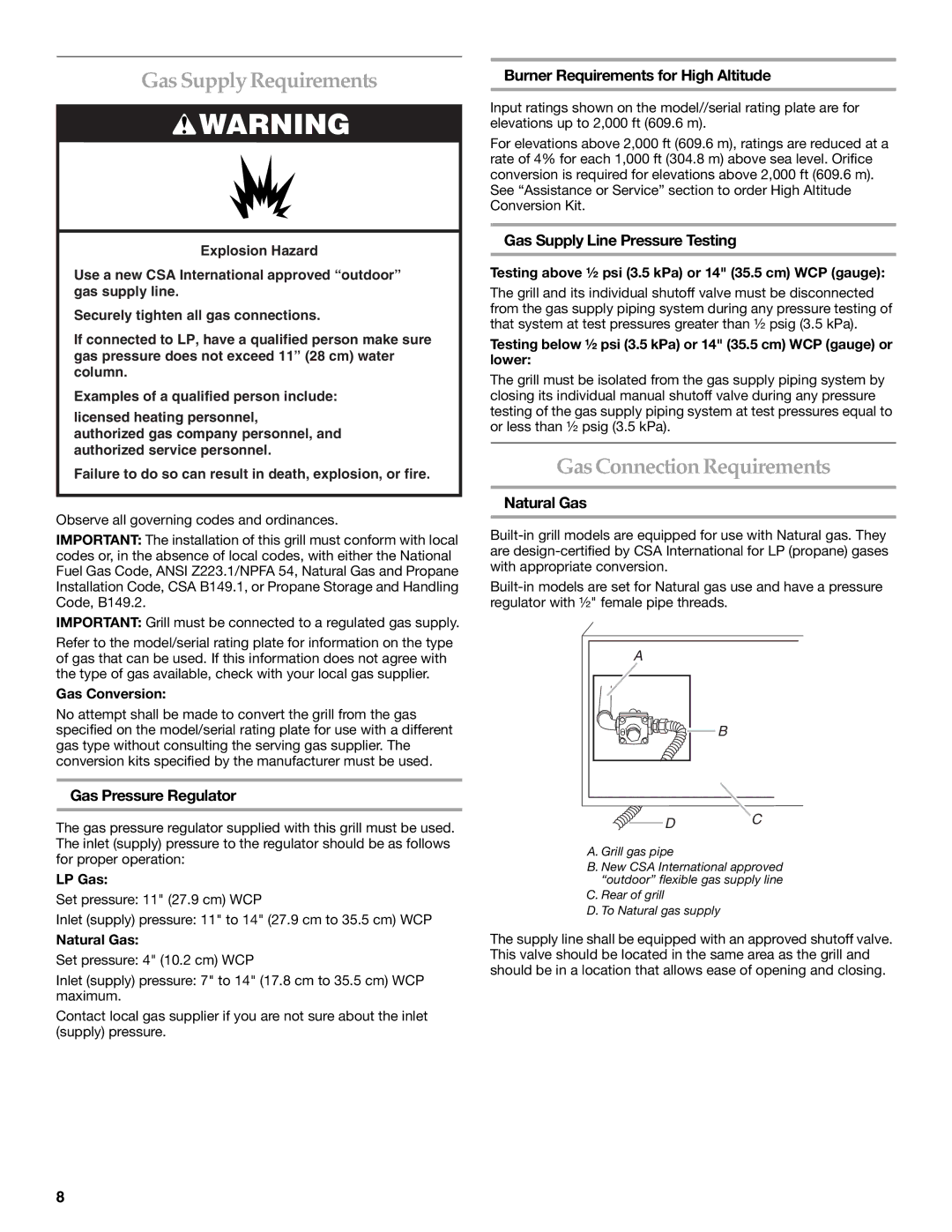 KitchenAid KBSS271T installation instructions Gas Supply Requirements, Gas Connection Requirements 