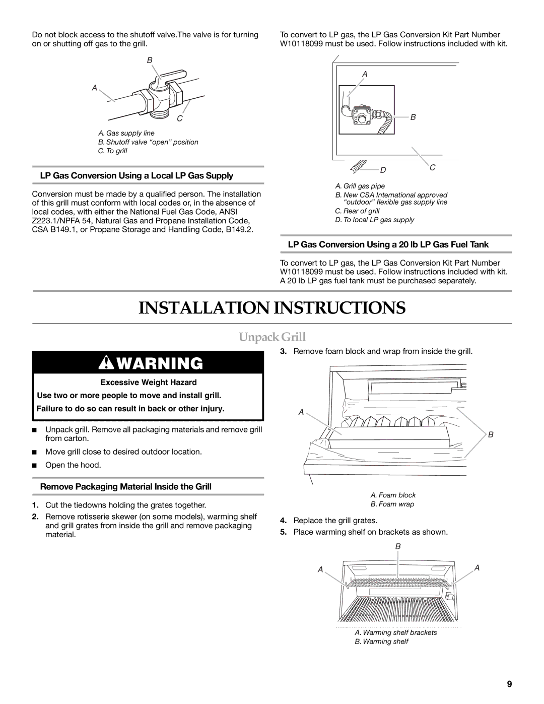 KitchenAid KBSS271T Installation Instructions, Unpack Grill, LP Gas Conversion Using a Local LP Gas Supply 