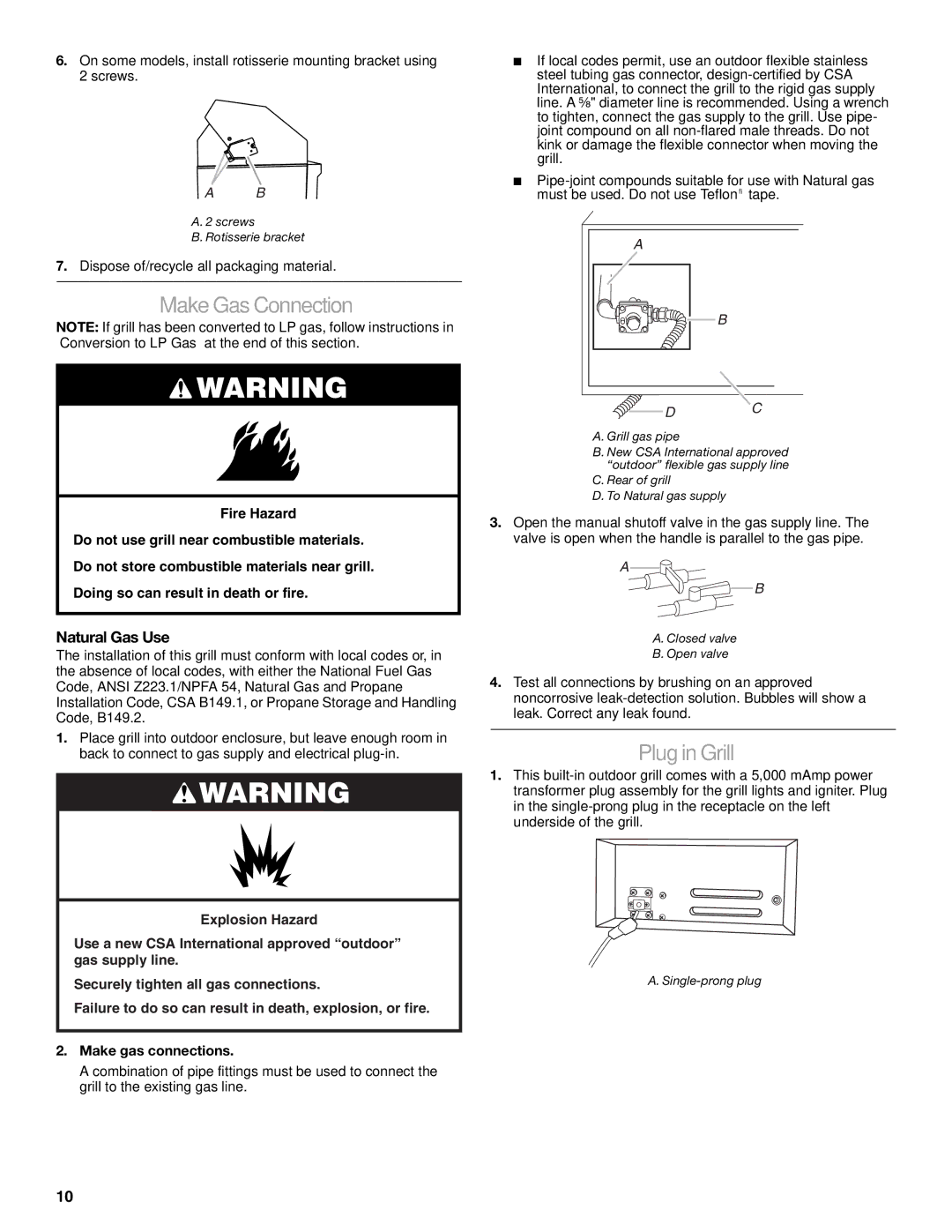 KitchenAid KBSU487T, KBSS361T, KBSU367T installation instructions Make Gas Connection, Plug in Grill, Natural Gas Use 