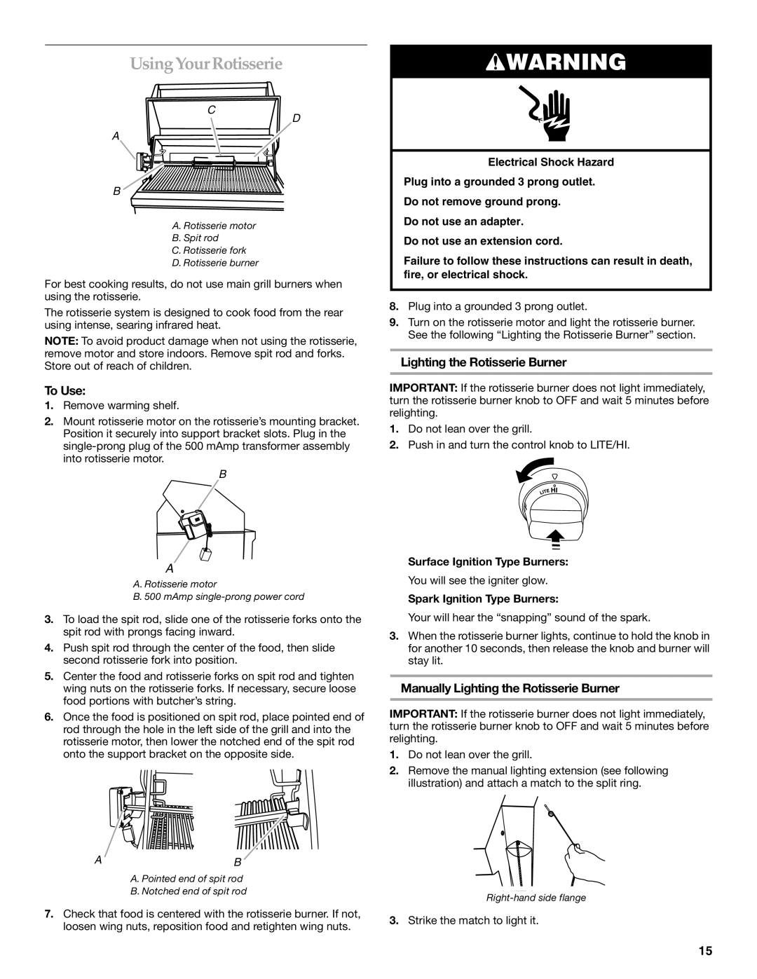 KitchenAid KBSS361T, KBSU487T, KBSU367T Using Your Rotisserie, To Use, Manually Lighting the Rotisserie Burner 