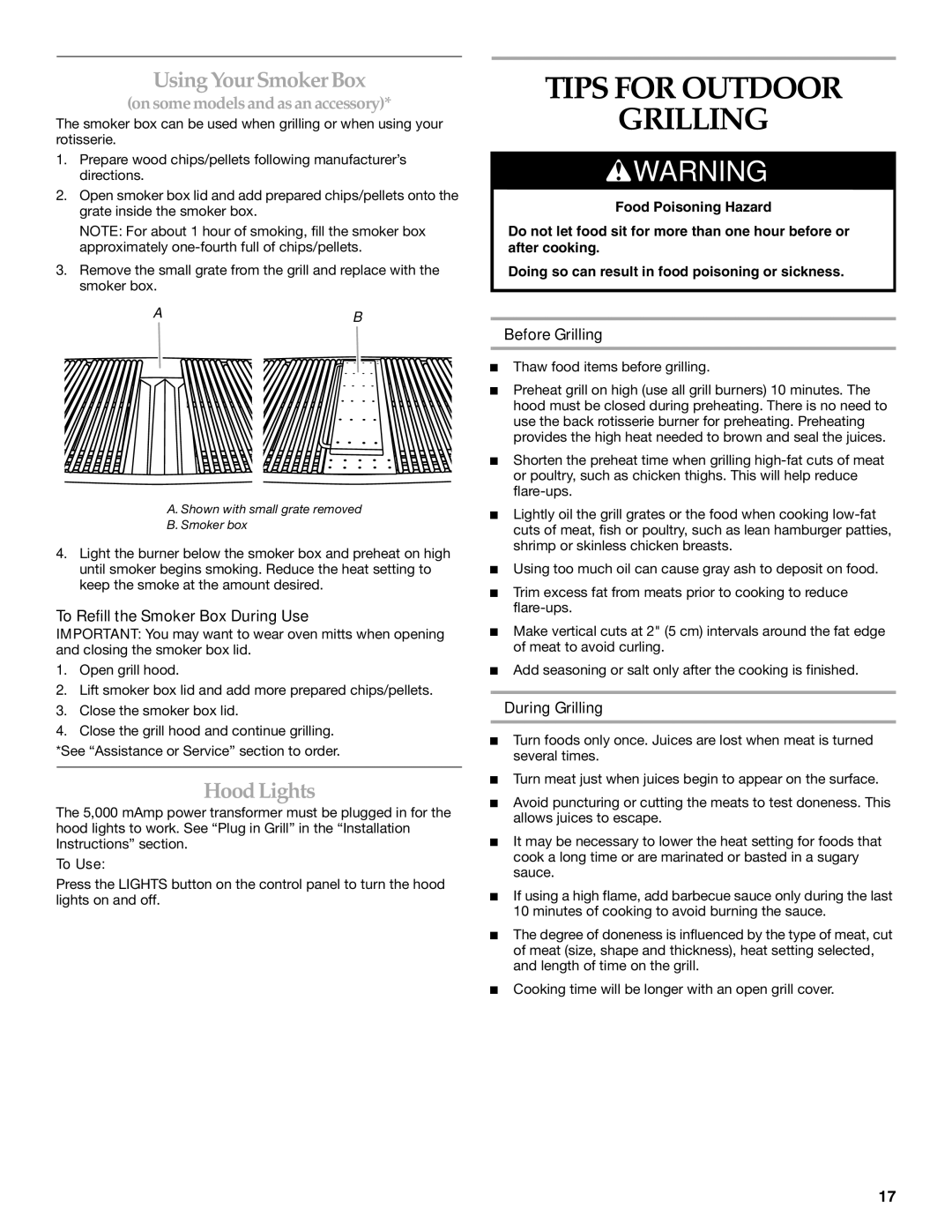 KitchenAid KBSU367T, KBSS361T, KBSU487T Tips for Outdoor Grilling, Using Your Smoker Box, Hood Lights 